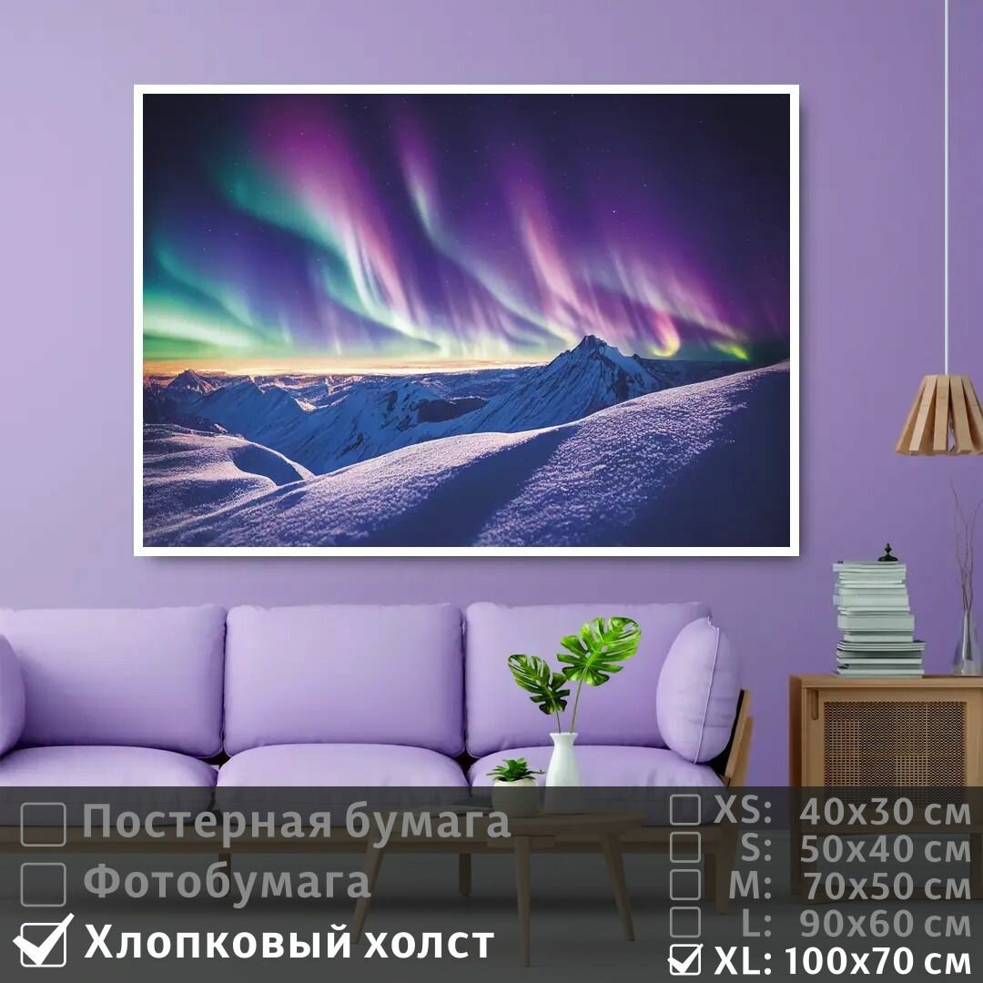 Постер на холсте Северное Сияние На Снежных Горах 100х70 см ПолиЦентр