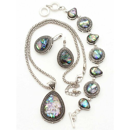 фото Комплект бижутерии камнедар: серьги, подвеска, браслет, перламутр, размер браслета 18 см, размер колье/цепочки 50 см, фиолетовый, зеленый