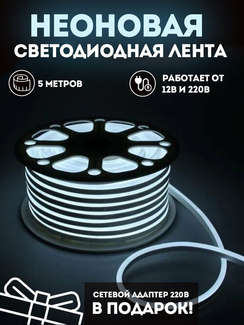 Неоновая светодиодная лента 5м, 6х12мм, 220В, 120 LED/m, IP 67, гибкий неон, холодный белый + блок питания