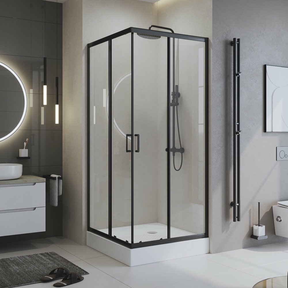 Душевой уголок BelBagno Uno 100х100 UNO-195-A-2-100-C-NERO стекло прозрачное, профиль черный, без поддона