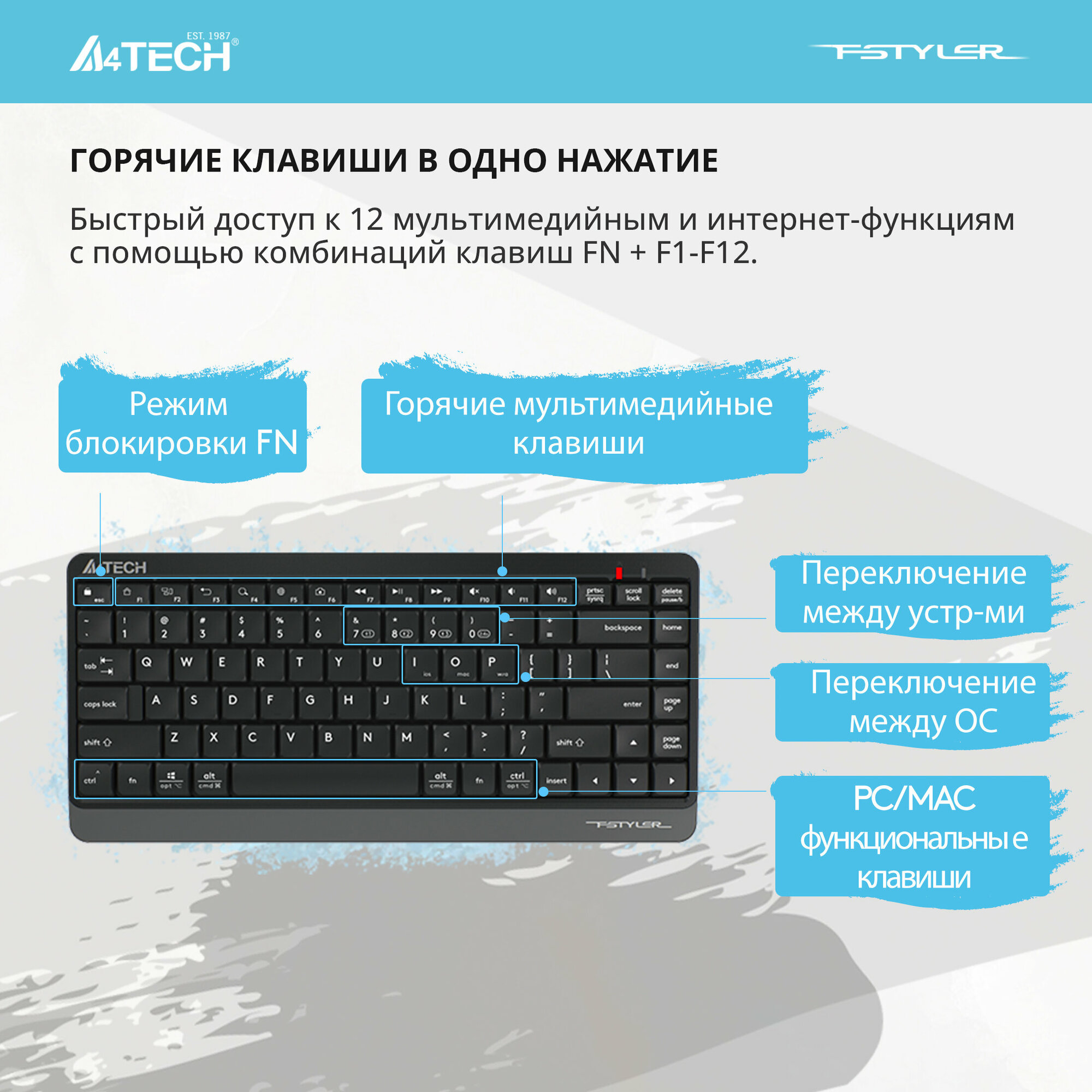 Клавиатура A4TECH Fstyler FBK11, USB, Bluetooth/Радиоканал, черный серый [fbk11 grey] - фото №19