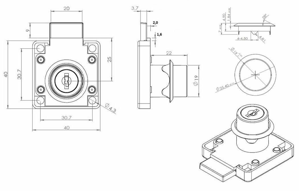 Изображение 14.01.067-0 Накладной мебельный замок 850, цвет чёрный