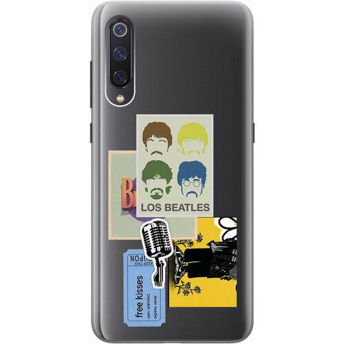 Силиконовый чехол на Xiaomi Mi 9, Сяоми Ми 9 с 3D принтом Beatles Stickers прозрачный силиконовый чехол на xiaomi mi 9 сяоми ми 9 с 3d принтом beatles stickers прозрачный