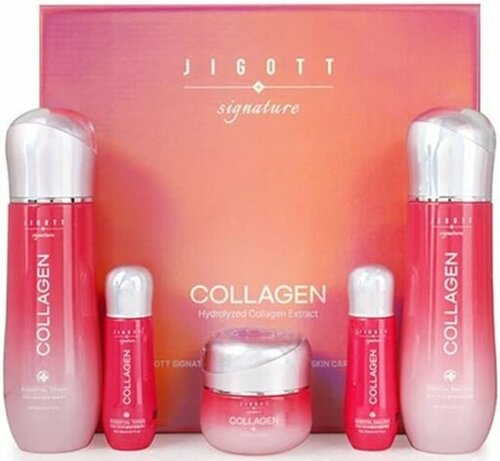Jigott Signature Collagen Essential Skin Care 3Set Набор: Увлажняющий тонер для лица с коллагеном, Увлажняющая эмульсия для лица с коллагеном, Увлажняющий крем для лица с коллагеном 150мл+150мл+50мл+30мл+30мл