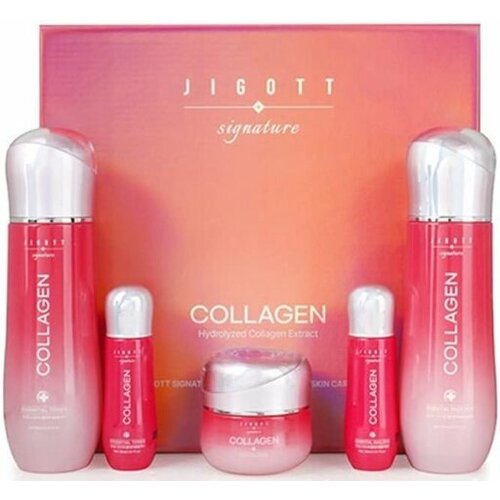 Jigott Signature Collagen Essential Skin Care 3Set Набор: Увлажняющий тонер для лица с коллагеном, Увлажняющая эмульсия для лица с коллагеном, Увлажняющий крем для лица с коллагеном 150мл+150мл+50мл+30мл+30мл