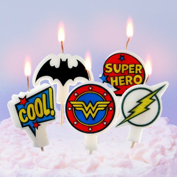 Свеча для торта "С Днем Рождения!", 5 штук, Супергерои
