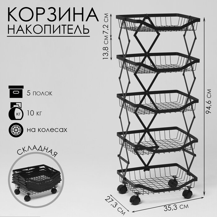 Накопитель складной на колесах, 5 полок, 36x24x84,5 см, цвет чёрный