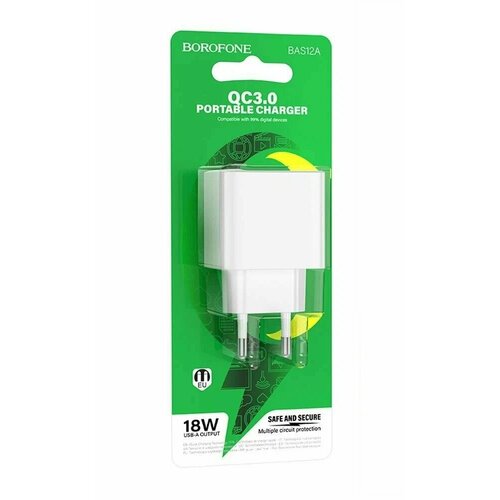 Сетевое ЗУ Borofone BAS12A (1USB/QC3.0/18W) белое сетевое зу borofone bas12a кабель type c 1usb qc3 0 18w белое