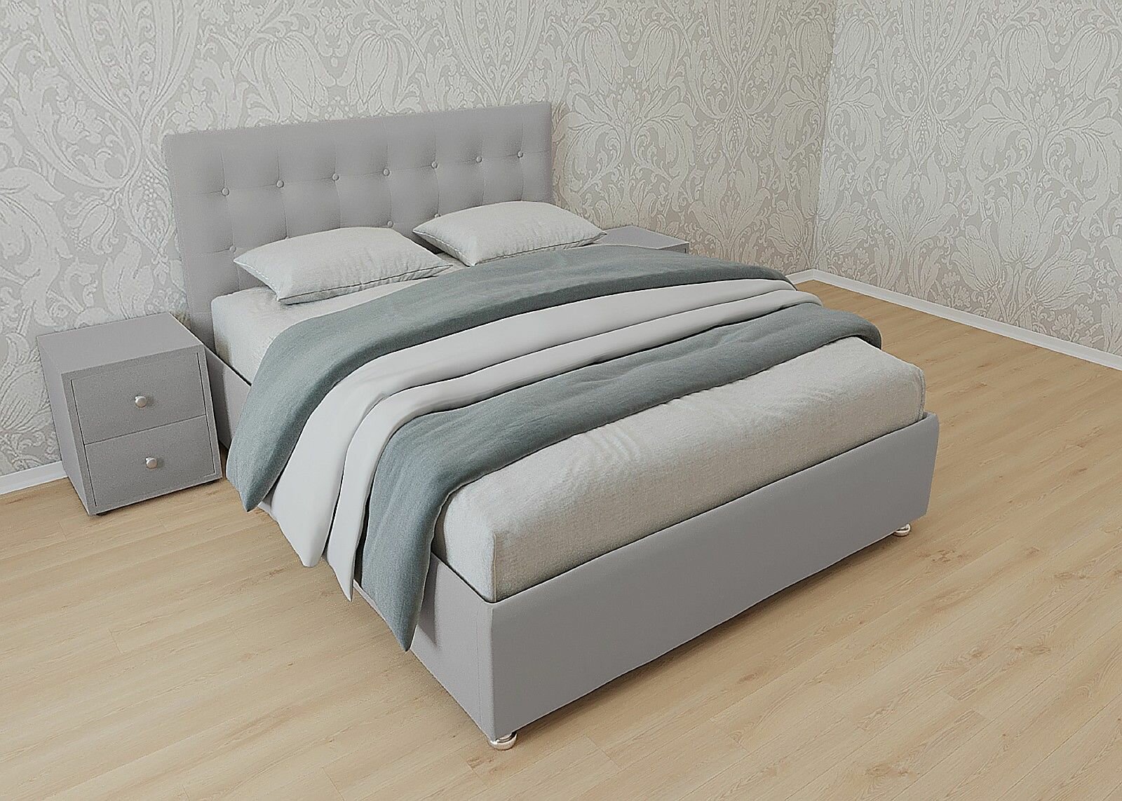 Односпальная кровать Венеция 90x200 основание металлическое с ламелями велюр серый без ножек