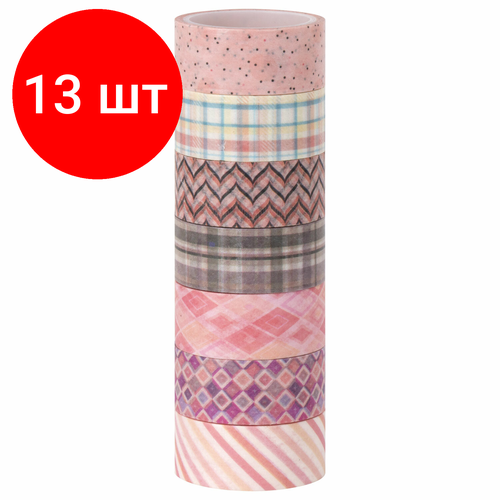 Комплект 13 шт, Клейкие WASHI-ленты для декора оттенки розового, 15 мм х 3 м, 7 цветов, рисовая бумага, остров сокровищ, 661704