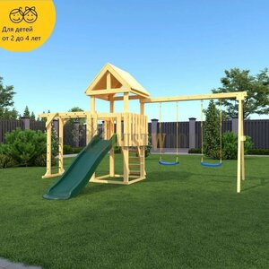 Фото Детская деревянная игровая площадка для улицы дачи CustWood Junior J3 с деревянной крышей