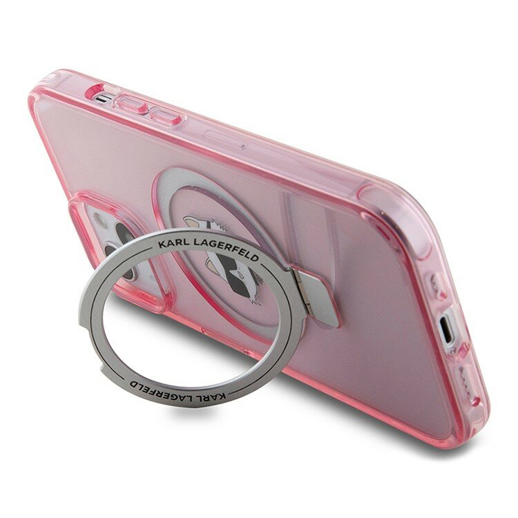 Karl Lagerfeld для iPhone 15 чехол PC/TPU + Ring stand NFT Choupette head Hard Pink (MagSafe)