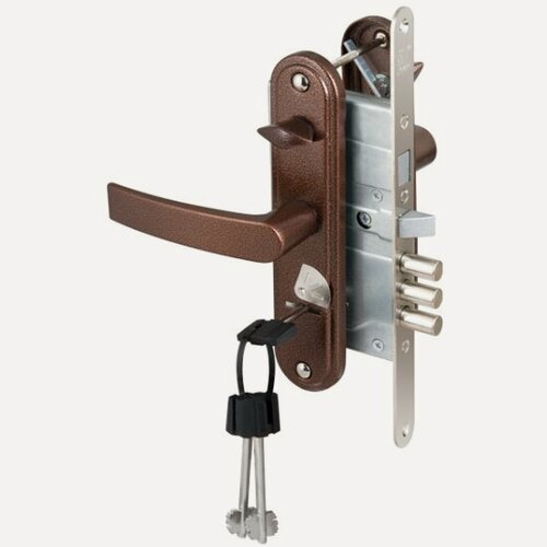 Изображение товара Замок врезной сувальдный с защёлкой в компл с ручкой Сам ЗВ9-8.3/13(КЛП5-85)прав (медн ант), 3 кл/88010/