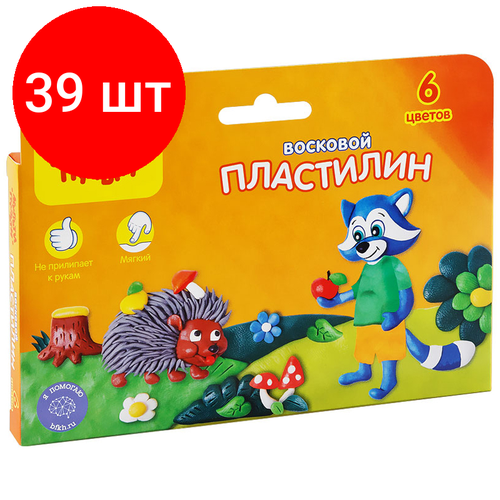 Комплект 39 шт, Пластилин Мульти-Пульти Енот в лесу, 06 цветов, 90г, восковой, со стеком, картон, европодвес