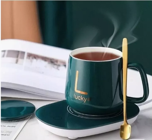 Кружка с подогревом от usb, крышкой и ложкой для кофе, чая, 350 мл, чашка для чая и кофе, термокружка зеленая/ в подарочной упаковке LEMIL