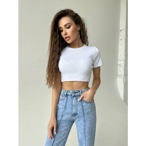 Топ укороченный кроп топ, ткань в рубчик, футболка, размер XXS, белый
