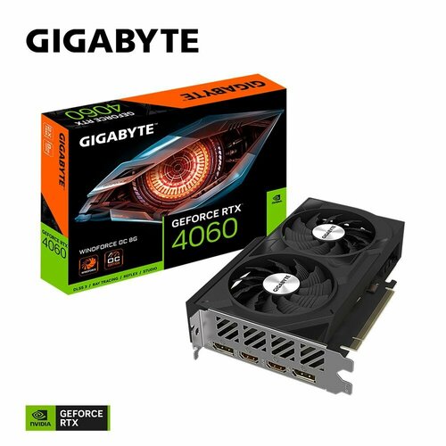 Видеокарта Gigabyte RTX4060 (GV-N406WF2OC-8GD) 8192 МБ, RET gigabyte видеокарта gigabyte geforce rtx 4060 windforce oc 8g gv n4060wf2oc 8gd geforce rtx 4060 8гб gddr6 2xhdmi 2xdp pci e ret