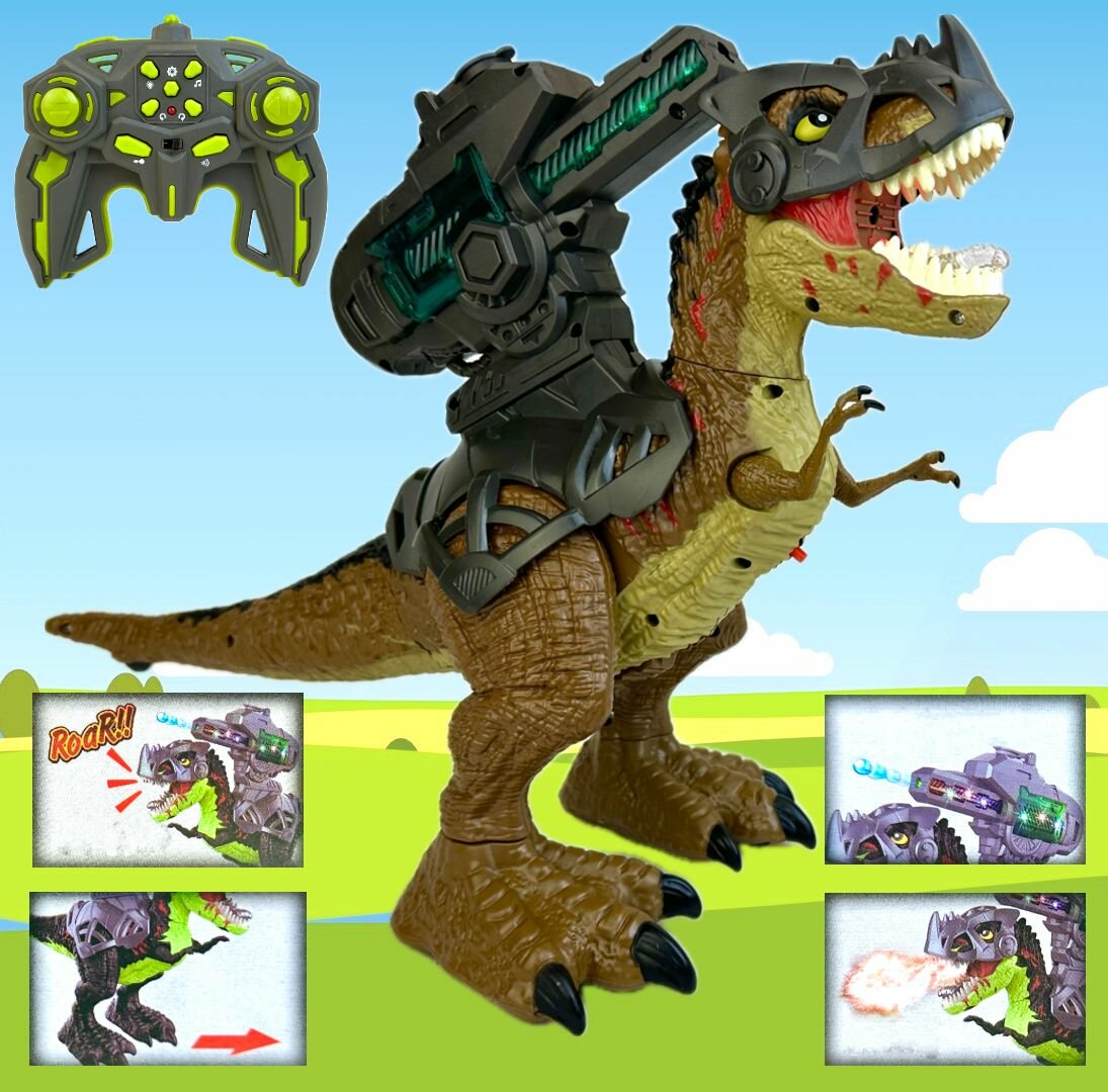 Радиоуправляемый робот динозавр Тираннозавр стреляет дышит паром вращение 360 подсветка рычит тирекс на пульте управления 45х32х17 см