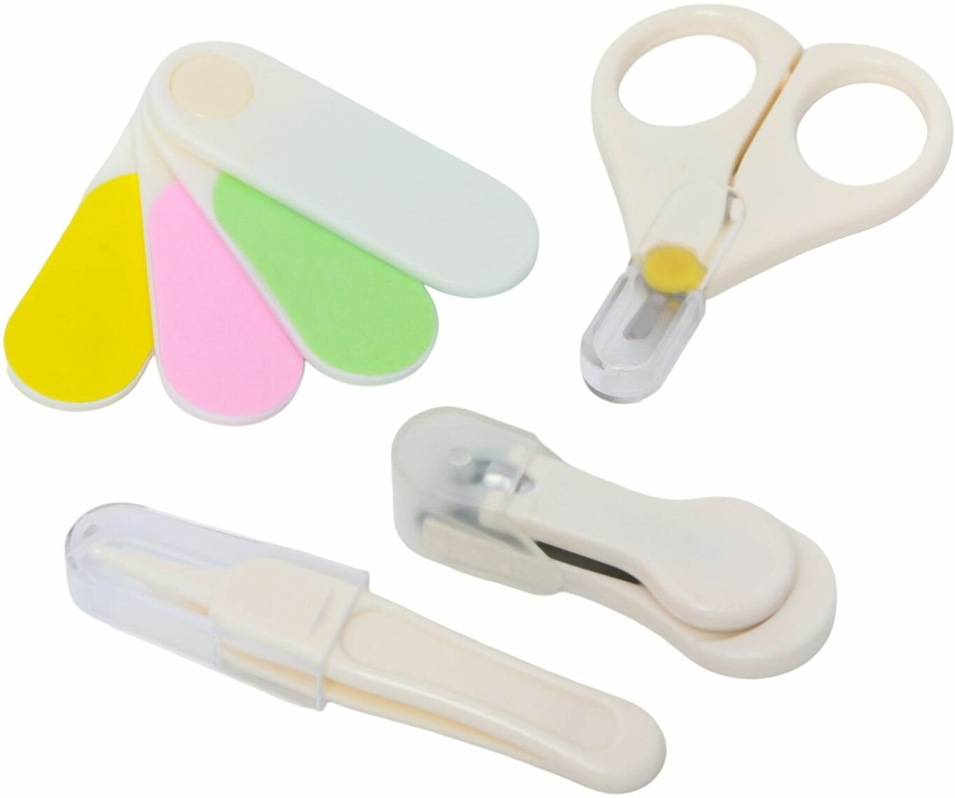 Детский маникюрный набор из 4 предметов: ножницы с закругленными кончиками, щипчики и пилка для ногтей, пинцет, цвет белый