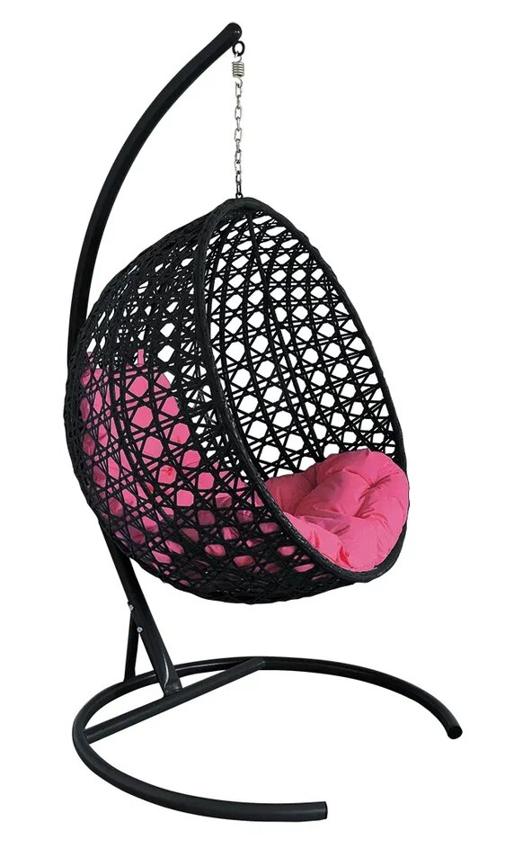 Подвесное кресло из ротанга "круг люкс" с ротангом черное, розовая подушка