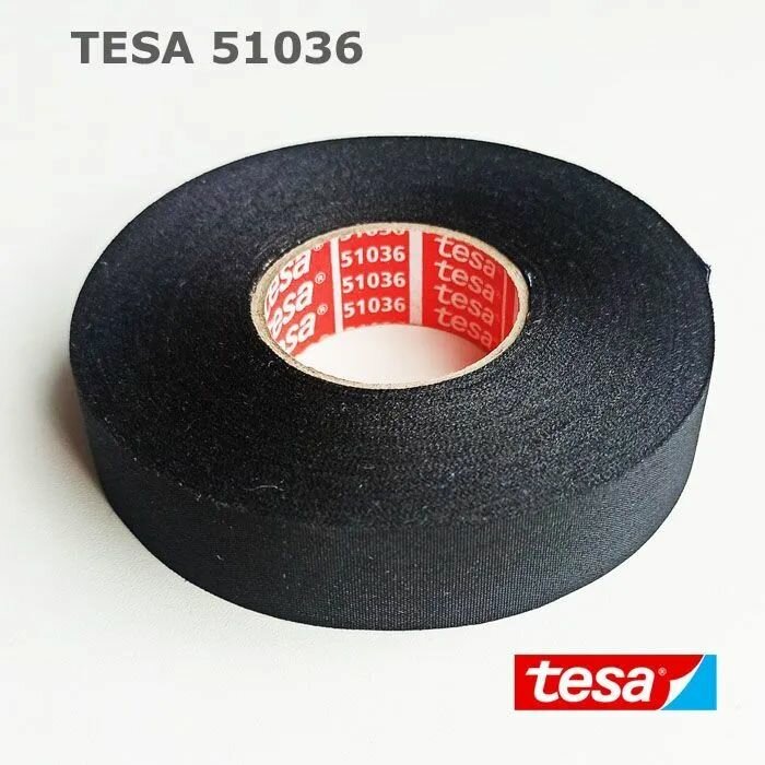 Tesa Изолента 51036 1 шт. автомобильная профессиональная черная подкапотная матерчатая ПЭТ-ткань лавсан для жгутования проводов скрутка обмотка для кабеля 19 мм 25 м 260 мкм 1 шт.