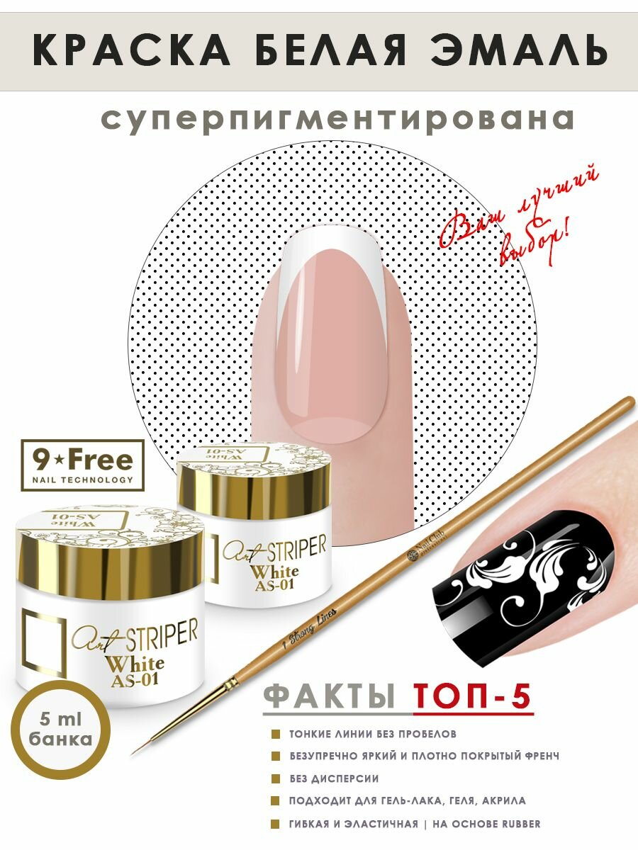 Nail Club professional Гель-краска без липкого слоя для тонких и суперплотных линий, цвет белый AS-01 White, 5 мл.