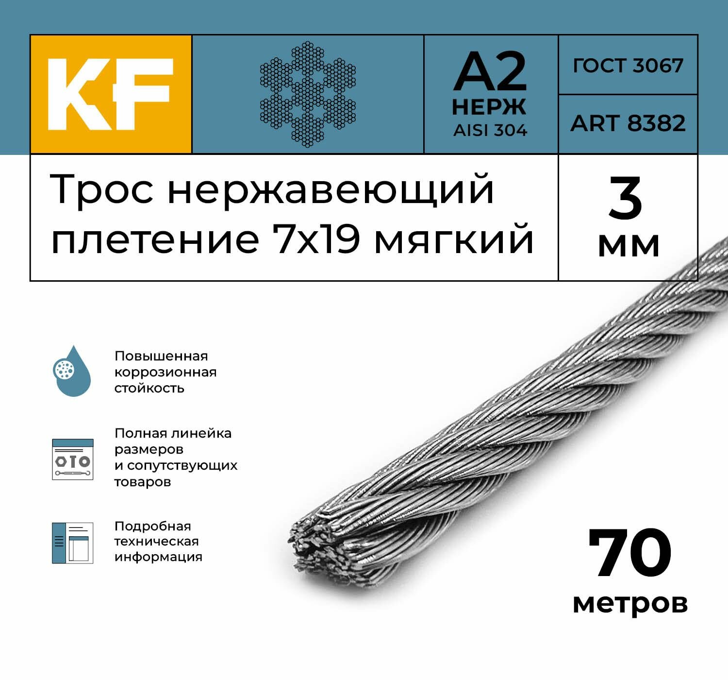 Трос нержавеющий 3 мм сталь А2 плетение 7х19 мягкий 70 метров