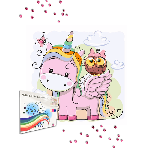 Алмазная мозаика для детей Единорог и совенок 21 х 25 см круглые стразы 12 цветов частичная выкладка стилус лоток 559₽