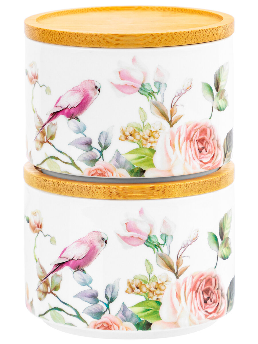 фото Банка для хранения сыпучих продуктов, специй 2 шт 250 мл Elan Gallery Певчие птички, с деревянной крышкой-подставкой с силик. уплотнителем, набор