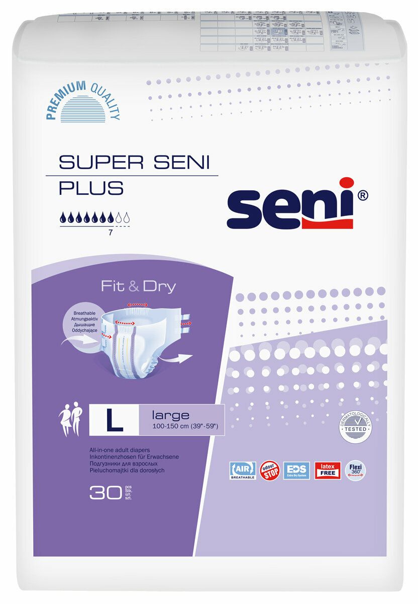 Подгузники для взрослых Super Seni plus large по 30 шт, обхват 100-150 см.