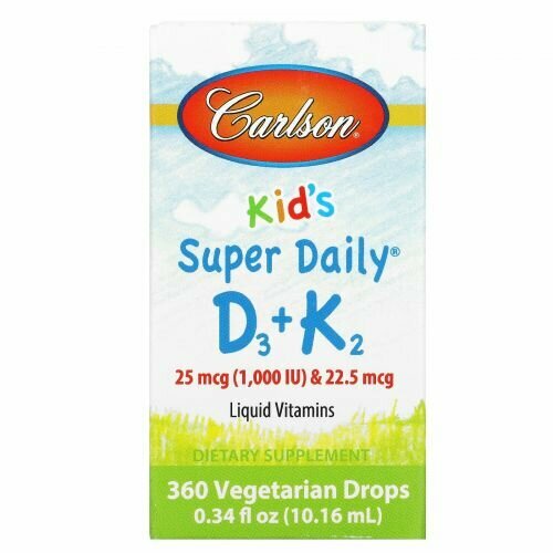 Carlson kidz витамины D3 (1000 ME) и К2 (25 мкг) для детей жидкие 10,16 мл (360 капель)