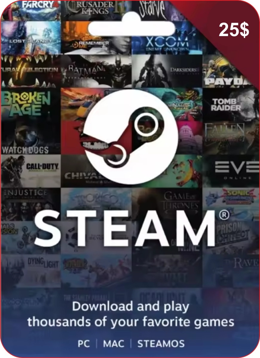 Пополнение кошелька Steam на 25 USD / Gift Card 25 $ Global (Глобальный ключ активации) / не подходит для России, Китая, Кореи, Бразилии, Таиланда.