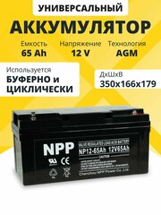 Аккумулятор для ибп 12v 65 Ah NPP AGM M6/T14 акб котла, насоса, компьютера 350x166x179 мм