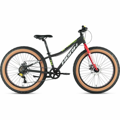 Велосипед подростковый фэтбайк HORH BUBBLE 24 (2024), ригид, fat-bike для мальчиков, алюминиевая рама, 7 скоростей, дисковые механические тормоза, цвет Black-Red , чёрный/красный цвет, размер рамы 12, для роста 130-145 см