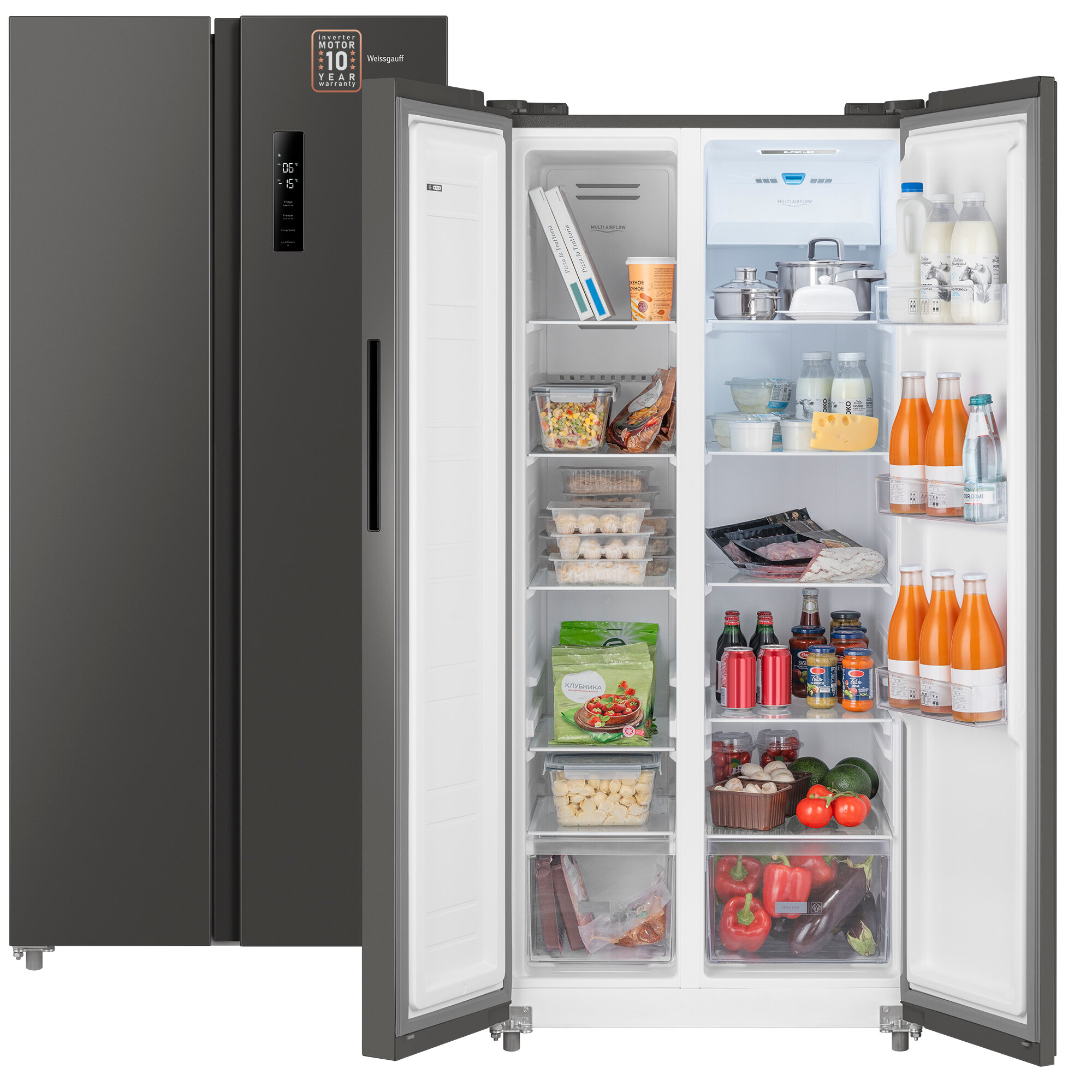 Отдельностоящий холодильник с инвертором Weissgauff WSBS 500 Inverter NoFrost Dark Grey Side by Side двухдверный, 3 года гарантии, Мощность замораживания 12 кг сутки, Сенсорное управление, Цифровой дисплей, LED освещение, Большой общий объём 500 л