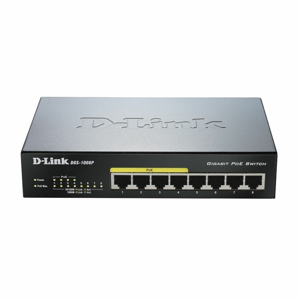 Коммутатор D-Link DGS-1008P/E1A 8G 4PoE+ 80W неуправляемый