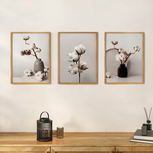 Набор постеров цветы хлопка в серо-бежевых тонах 30 на 40 см