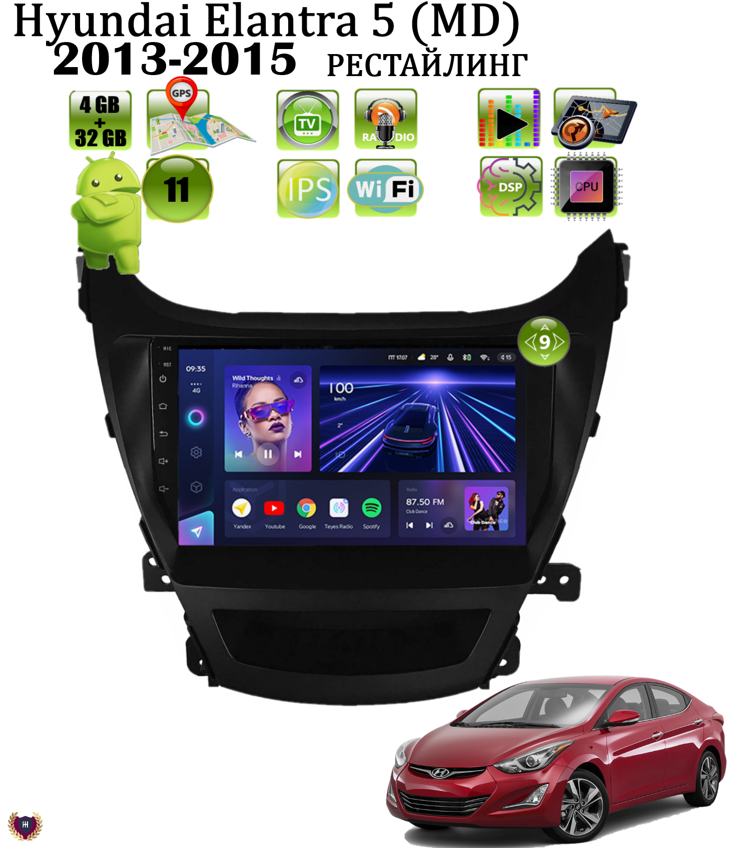 Автомагнитола для Hyundai Elantra 5 (MD)(2013-2015) рестайлинг, Android 11, 4/32Gb, Wi-Fi, Bluetooth, GPS, IPS экран, сенсорные кнопки, поддержка кнопок на руле