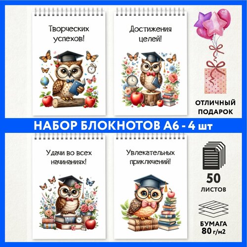 Набор блокнотов А6 - 4 шт подарок выпускнику детского сада на 1 сентября и День Рождения Школьная сова 222 - 2 notepad_school_owls_222_A6_set_2 699₽