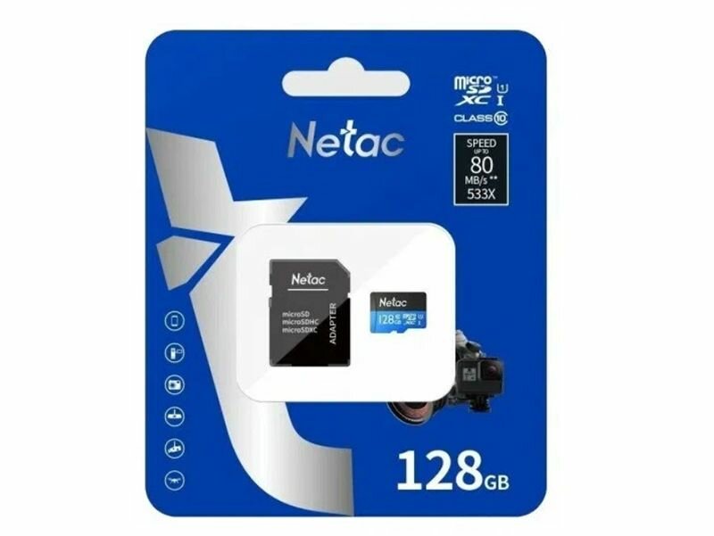 Карта памяти microSDXC UHS-I U1 NETAC P500 128 ГБ, 80 МБ/с, Class 10, NT02P500STN-128G-R, 1 шт, переходник SD