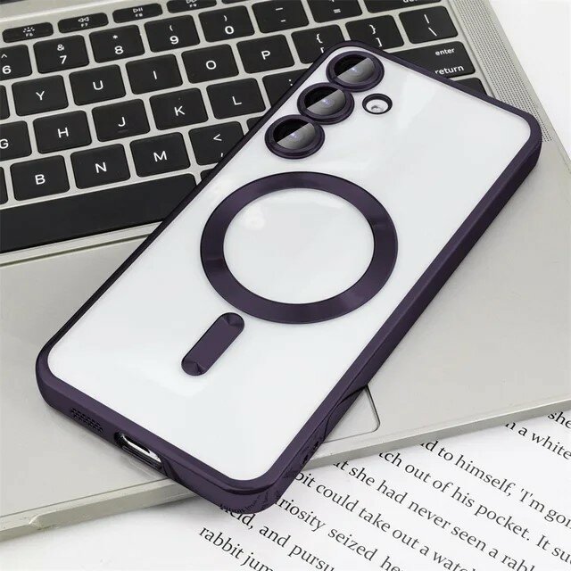 Премиальный чехол для Samsung S24 Plus противоударный с поддержкой беспроводной зарядки с защитой камер фиолетовый — фото 1