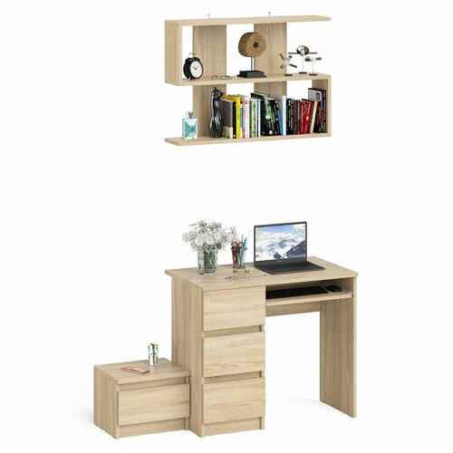 Стол компьютерный три ящика СВК Мори МС-6 левый с тумбочкой и навесной полкой дуб сонома