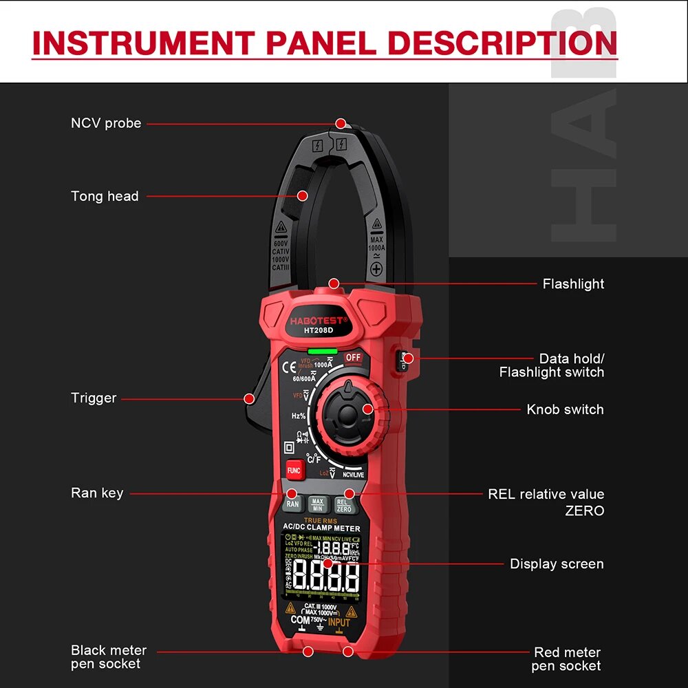 Токовые Клещи Цифровой измеритель-зажим HT208D, HT208D
