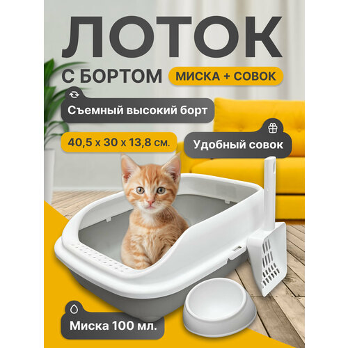 Лоток для кошек, 40.5х30х13.8 см, высокий съемный борт, порог-грязесборник, совок, миска, серый