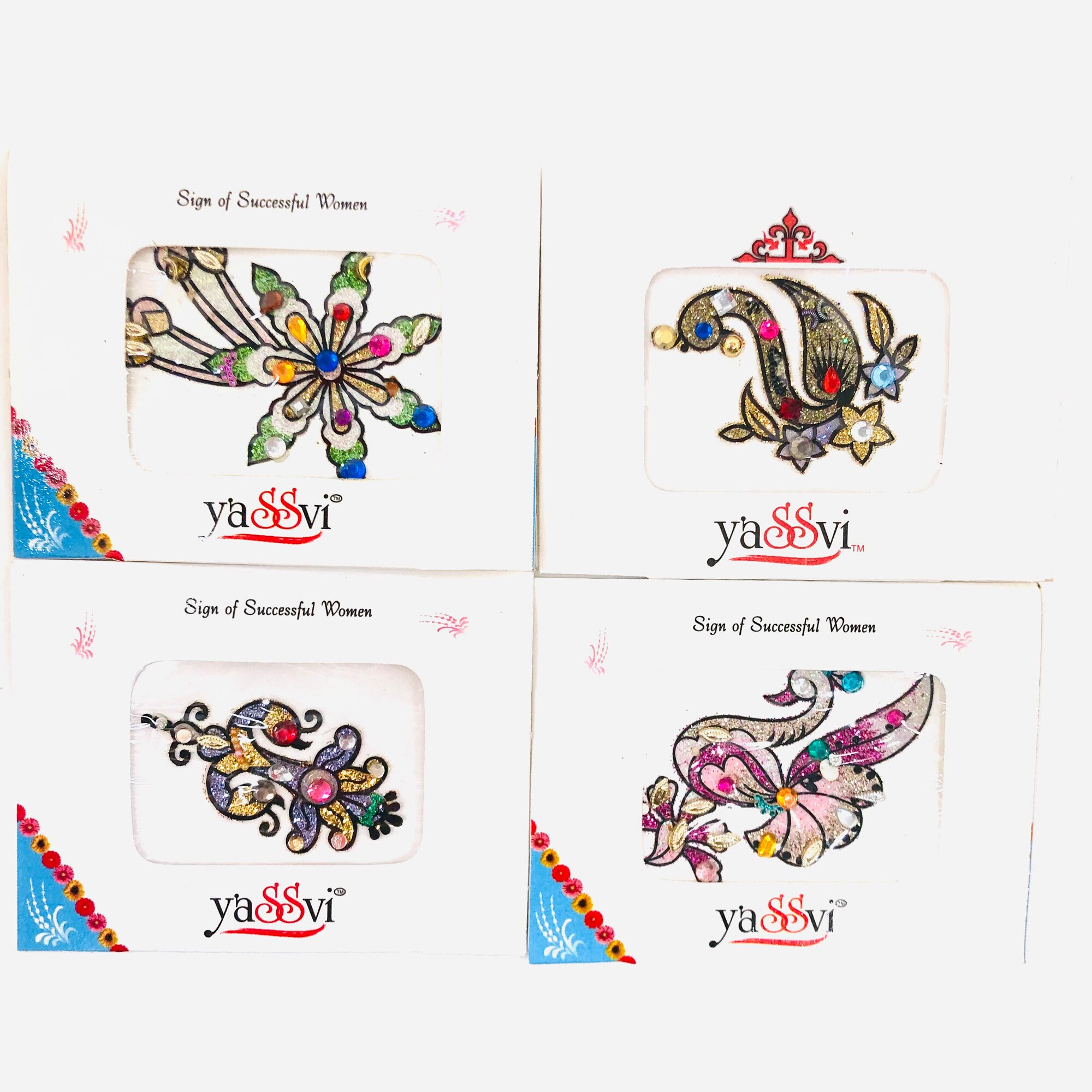 Бинди, набор наклеек на тело/ лицо, блестки, стразы, 4 шт, 6х5 см, Индия.