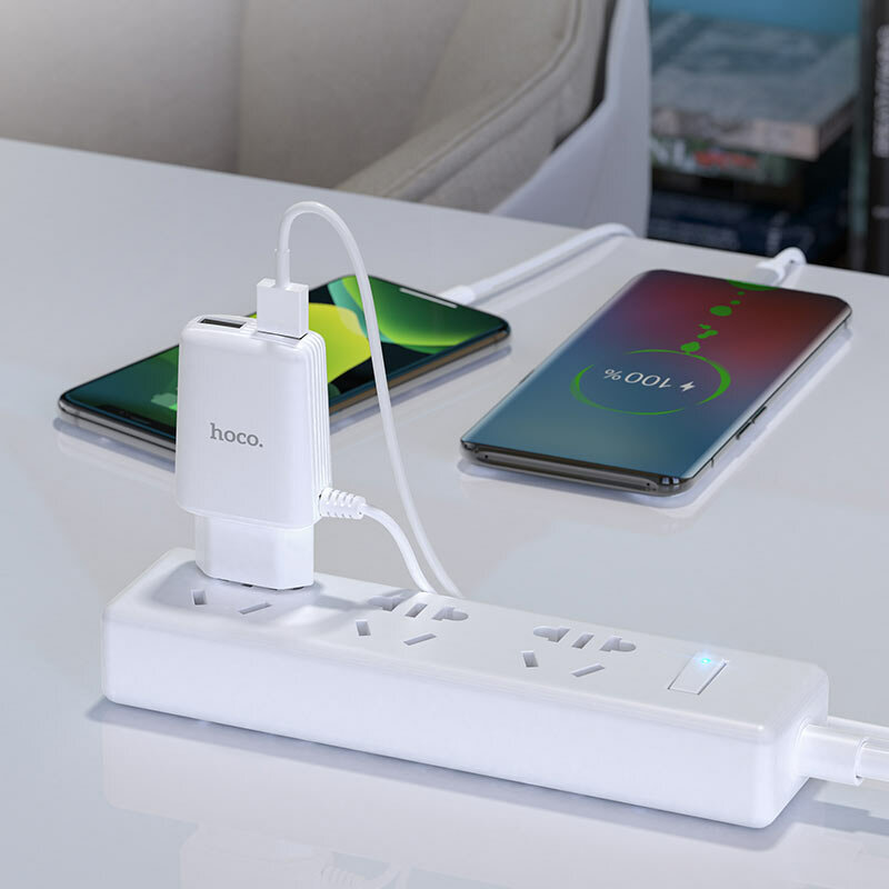 Сетевое зарядное устройство Hoco C82A с кабелем, 2×USB 5В/2.4А, Micro-USB, EU-вилка, огнеупорный корпус — фото 1