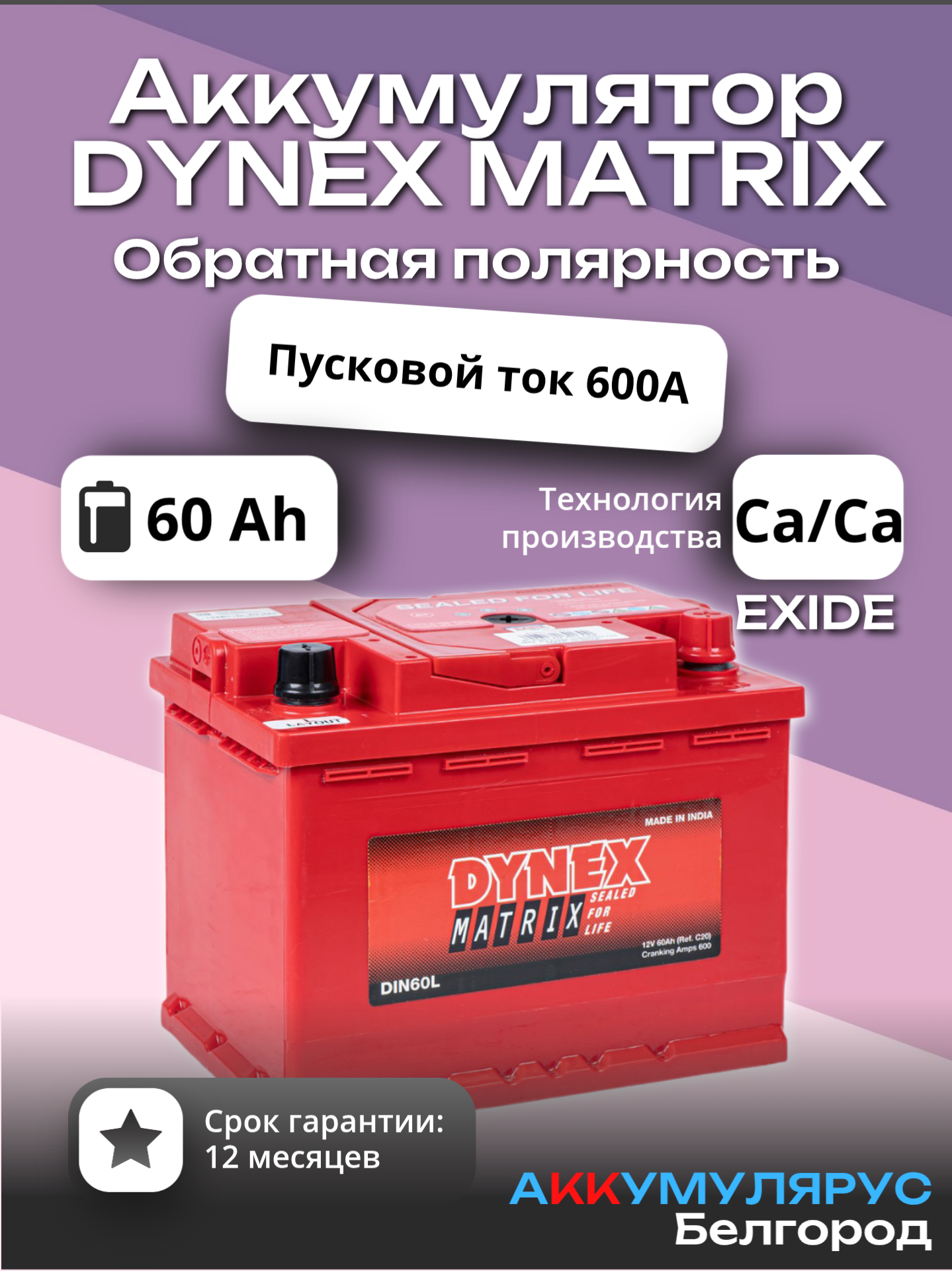 Аккумулятор EXIDE DYNEX MATRIX, 60 Ач, 600 А, 12В, Обратная полярность, 242x175x190 мм