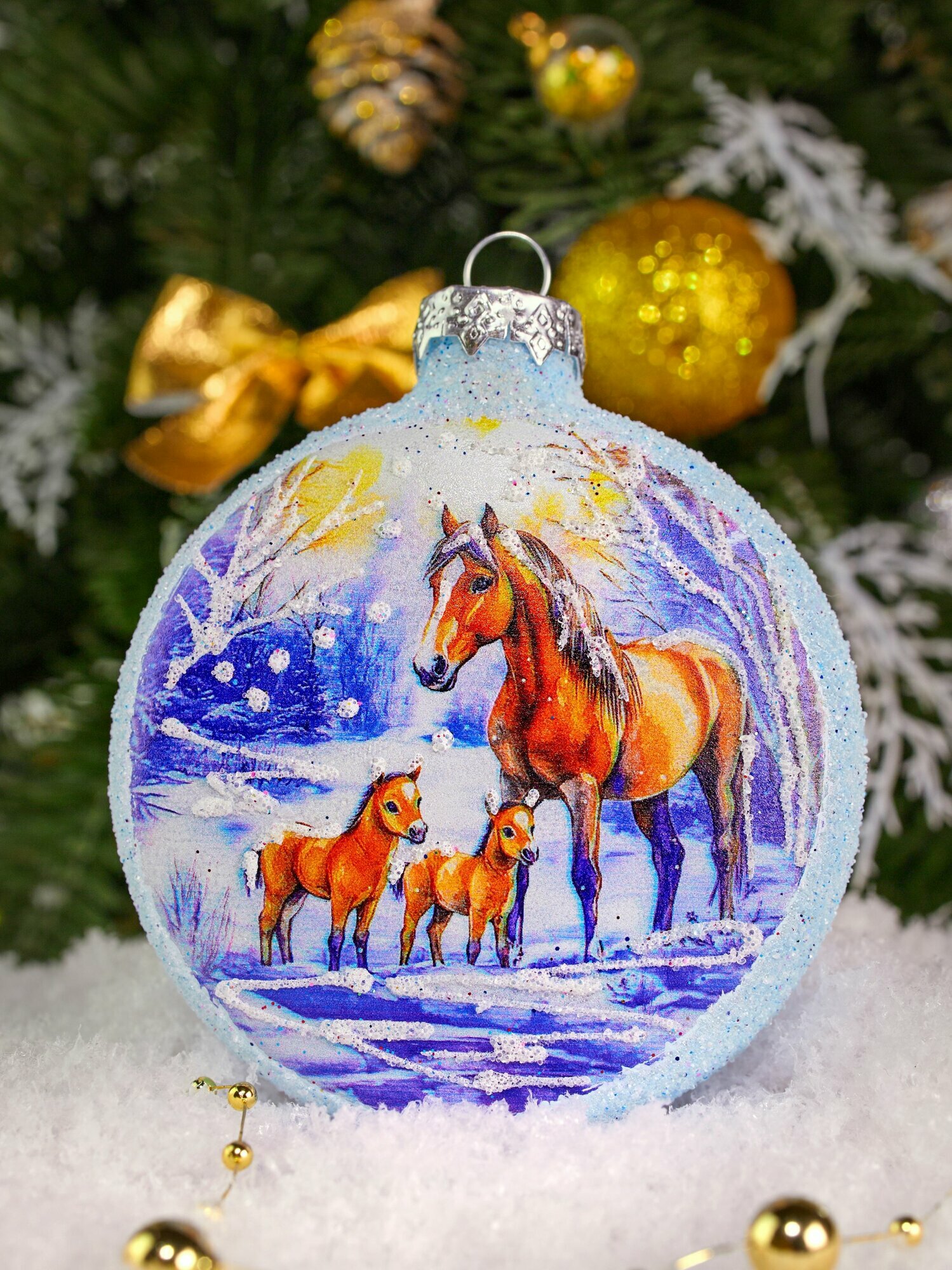 Елочная игрушка стеклянная медальон Символ года 2026 75 мм