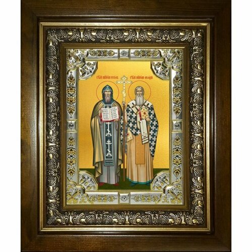 Икона Кирилл и Мефодий равноапостольные, 18x24 см, со стразами, в деревянном киоте, арт вк-5729