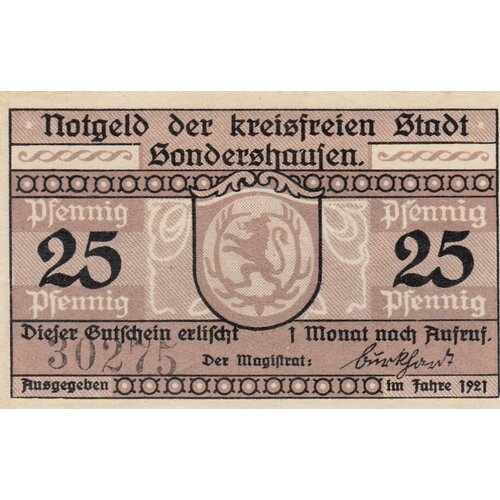 Германия (Веймарская Республика) Зондерсхаузен 25 пфеннигов 1921 г. (Вид 2) германия веймарская республика зондерсхаузен 25 пфеннигов 1921 г